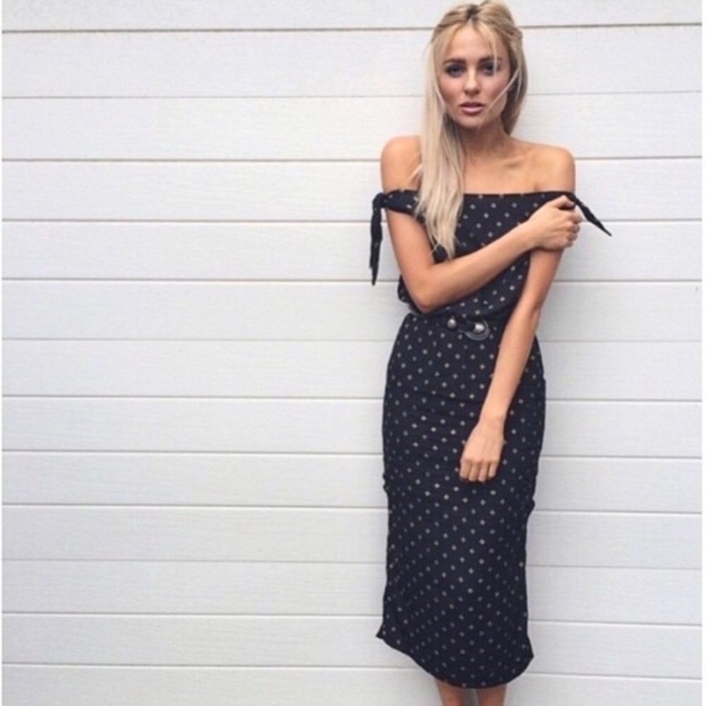 Flynn Skye Black Off-Shoulder Midi Dress with Subtle Dot Print